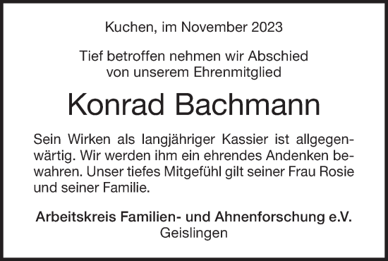 Traueranzeige von Konrad Bachmann von Geislinger Zeitung