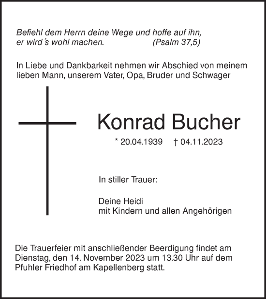 Traueranzeige von Konrad Bucher von SÜDWEST PRESSE Ausgabe Ulm/Neu-Ulm