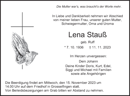 Traueranzeige von Lena Stauß von Hohenzollerische Zeitung