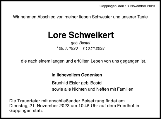 Traueranzeige von Lore Schweikert von NWZ Neue Württembergische Zeitung