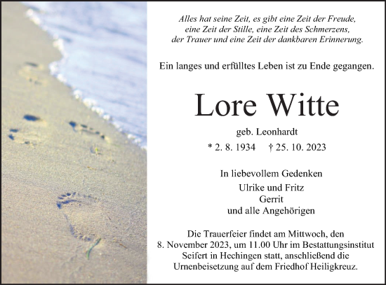 Traueranzeige von Lore Witte von Hohenzollerische Zeitung