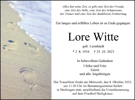 Traueranzeige von Lore Witte von Hohenzollerische Zeitung