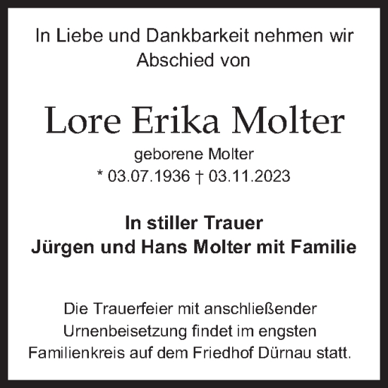 Traueranzeige von Lore Erika Molter von NWZ Neue Württembergische Zeitung