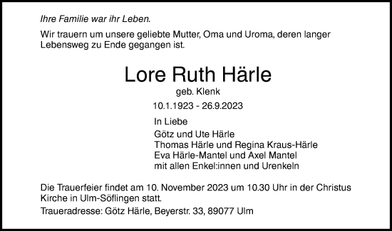 Traueranzeige von Lore Ruth  Härle von SÜDWEST PRESSE Ausgabe Ulm/Neu-Ulm