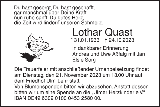 Traueranzeige von Lothar Quast von SÜDWEST PRESSE Ausgabe Ulm/Neu-Ulm