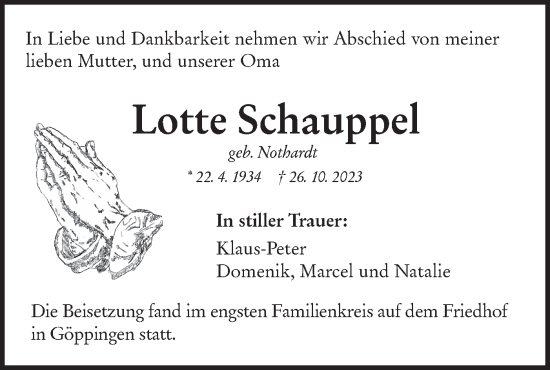 Traueranzeige von Lotte Schauppel von NWZ Neue Württembergische Zeitung