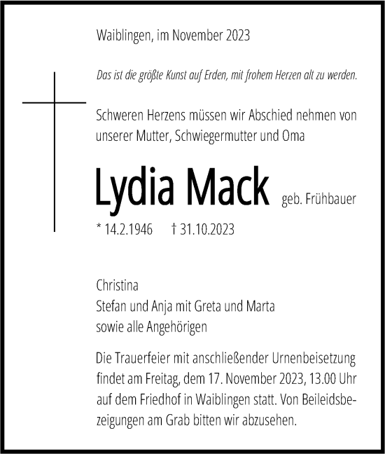 Traueranzeige von Lydia Mack von SÜDWEST PRESSE/SÜDWEST PRESSE