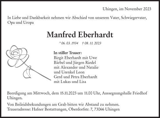 Traueranzeige von Manfred Eberhardt von NWZ Neue Württembergische Zeitung