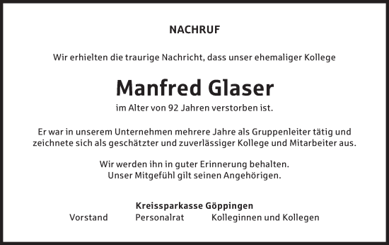 Traueranzeige von Manfred Glaser von NWZ Neue Württembergische Zeitung/Geislinger Zeitung