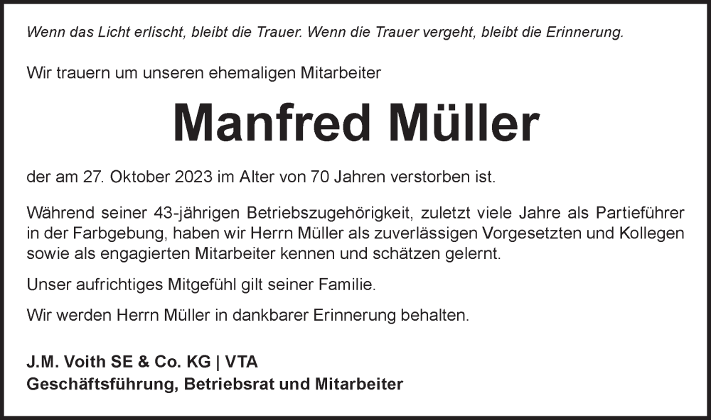  Traueranzeige für Manfred Müller vom 09.11.2023 aus Hohenloher Tagblatt