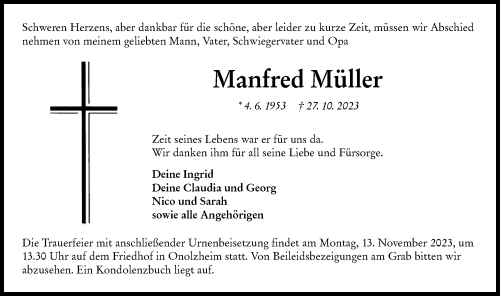  Traueranzeige für Manfred Müller vom 09.11.2023 aus Hohenloher Tagblatt