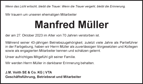 Traueranzeige von Manfred Müller von Hohenloher Tagblatt