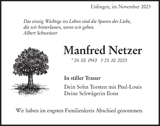 Traueranzeige von Manfred Netzer von NWZ Neue Württembergische Zeitung