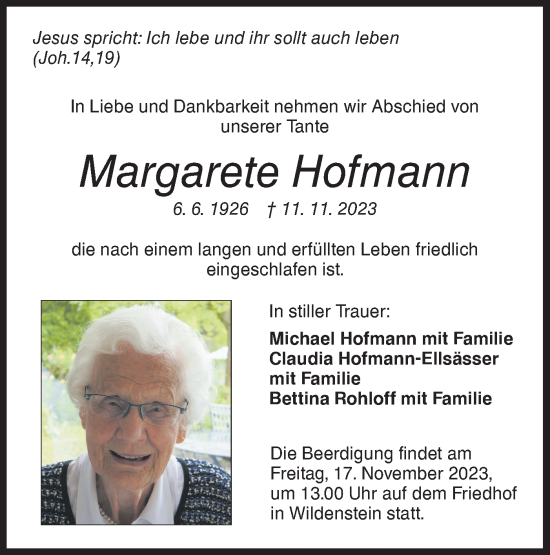 Traueranzeige von Margarete Hofmann von Hohenloher Tagblatt