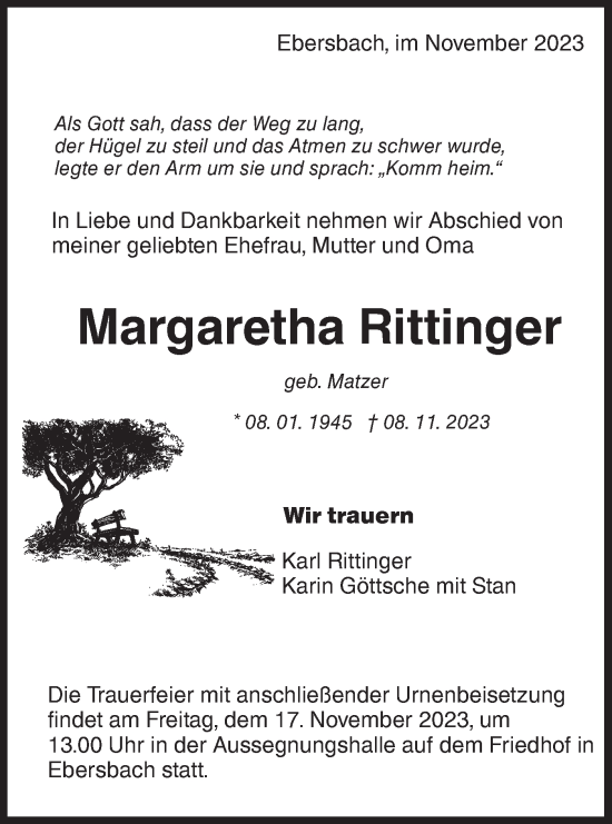 Traueranzeige von Margaretha Rittinger von NWZ Neue Württembergische Zeitung