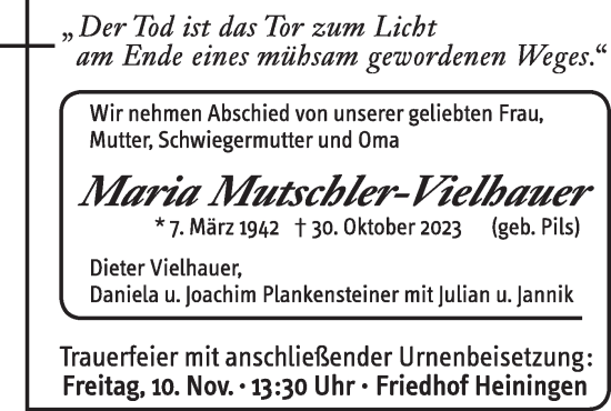 Traueranzeige von Maria Mutschler-Helbauer von NWZ Neue Württembergische Zeitung