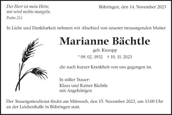 Traueranzeige von Marianne Bächtle von Alb-Bote/Metzinger-Uracher Volksblatt