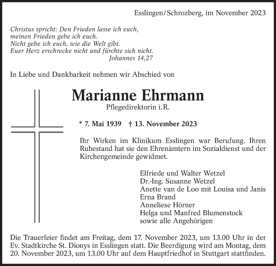 Traueranzeige von Marianne Ehrmann von Hohenloher Tagblatt