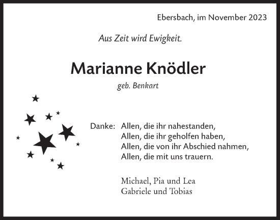 Traueranzeige von Marianne Knödler von NWZ Neue Württembergische Zeitung