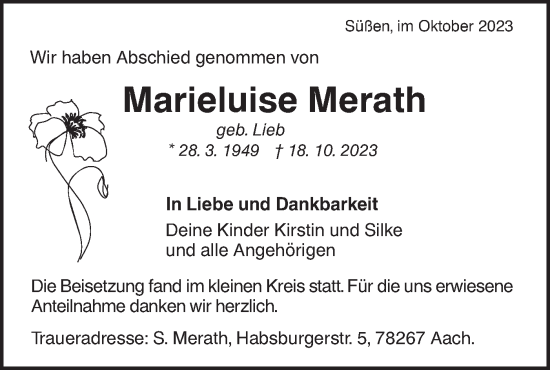 Traueranzeige von Marieluise Merath von NWZ Neue Württembergische Zeitung