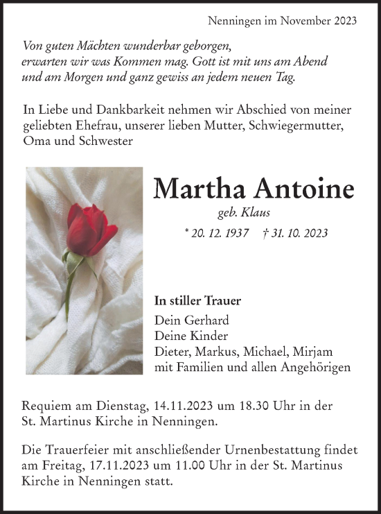 Traueranzeige von Martha Antoine von NWZ Neue Württembergische Zeitung