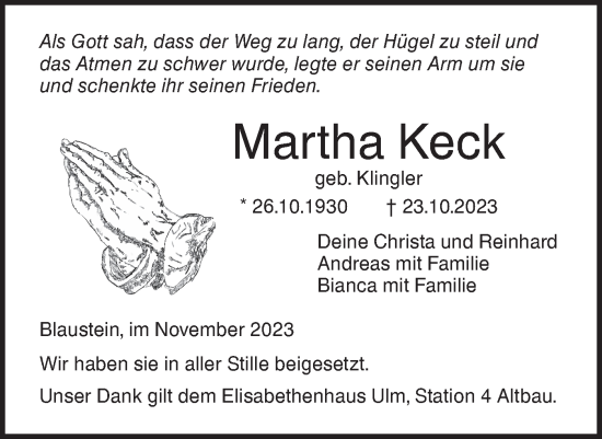 Traueranzeige von Martha Keck von SÜDWEST PRESSE Ausgabe Ulm/Neu-Ulm