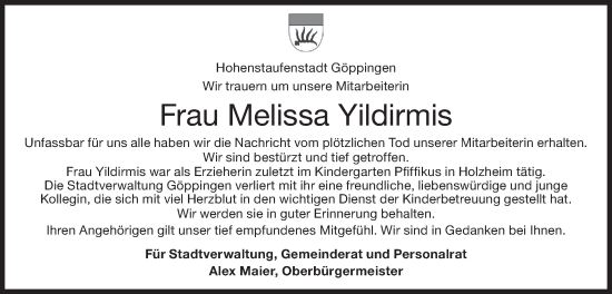 Traueranzeige von Melissa Yildirmis von NWZ Neue Württembergische Zeitung