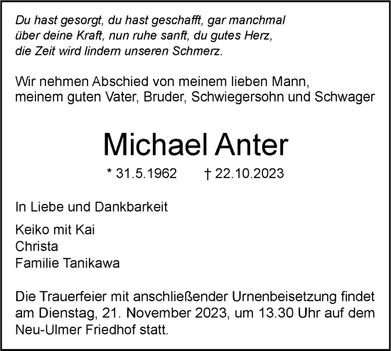 Traueranzeige von Michael Anter von SÜDWEST PRESSE Ausgabe Ulm/Neu-Ulm