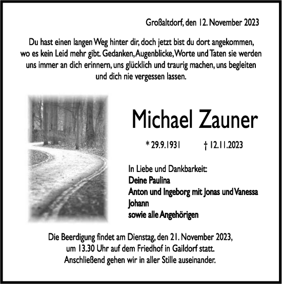 Traueranzeige von Michael Zauner von Rundschau Gaildorf