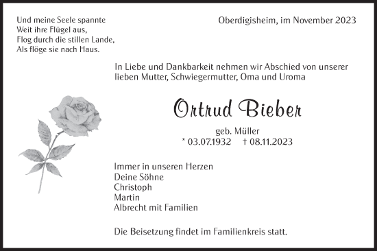 Traueranzeige von Ortrud Bieber von Hohenzollerische Zeitung