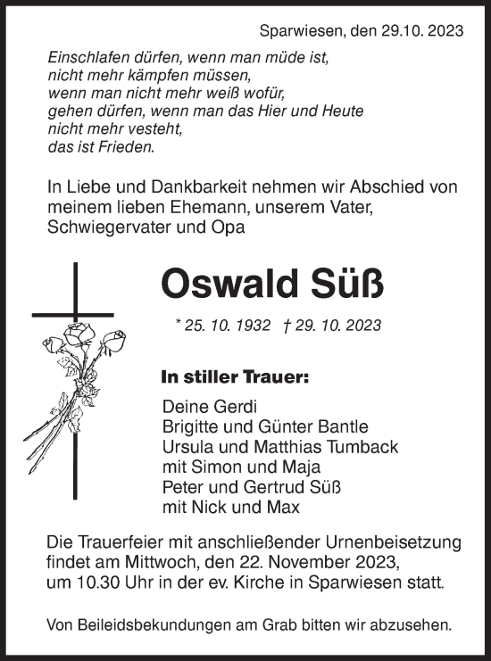 Traueranzeige von Oswald Süß von NWZ Neue Württembergische Zeitung