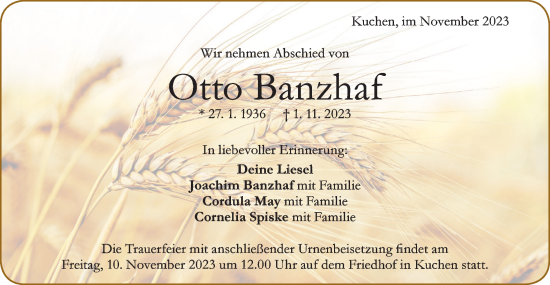 Traueranzeige von Otto Banzhaf von Geislinger Zeitung