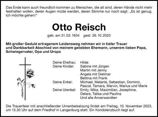 Traueranzeige von Otto Reisch von Hohenloher Tagblatt