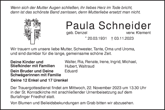 Traueranzeige von Paula Schneider von SÜDWEST PRESSE Ausgabe Ulm/Neu-Ulm