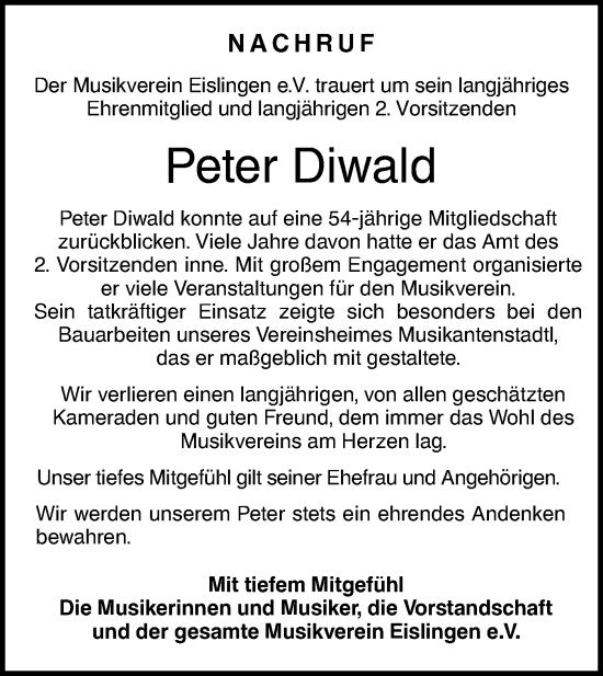 Traueranzeige von Peter Diwald von NWZ Neue Württembergische Zeitung