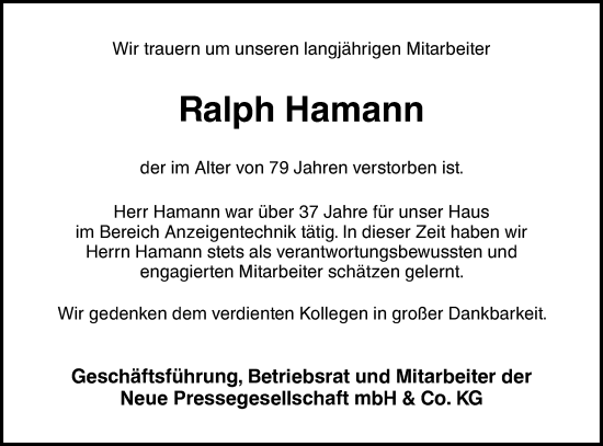 Traueranzeige von Ralph Hamann von NWZ Neue Württembergische Zeitung