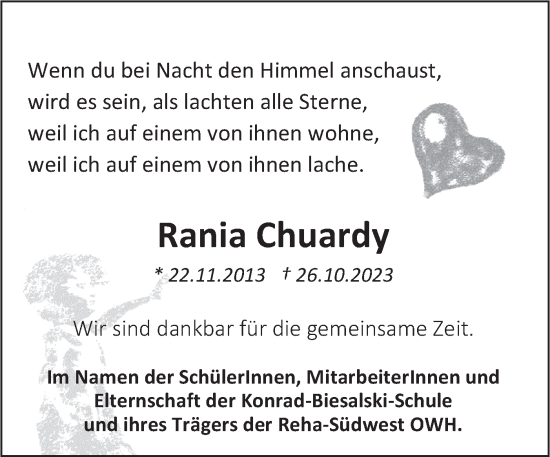 Traueranzeige von Rania Chuardy von SÜDWEST PRESSE