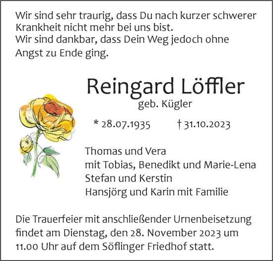 Traueranzeige von Reingard Löffler von SÜDWEST PRESSE Ausgabe Ulm/Neu-Ulm