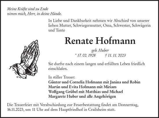 Traueranzeige von Renate Hofmann von Hohenloher Tagblatt