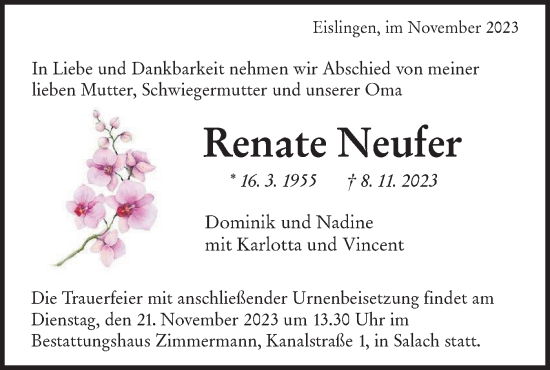 Traueranzeige von Renate Neufer von NWZ Neue Württembergische Zeitung