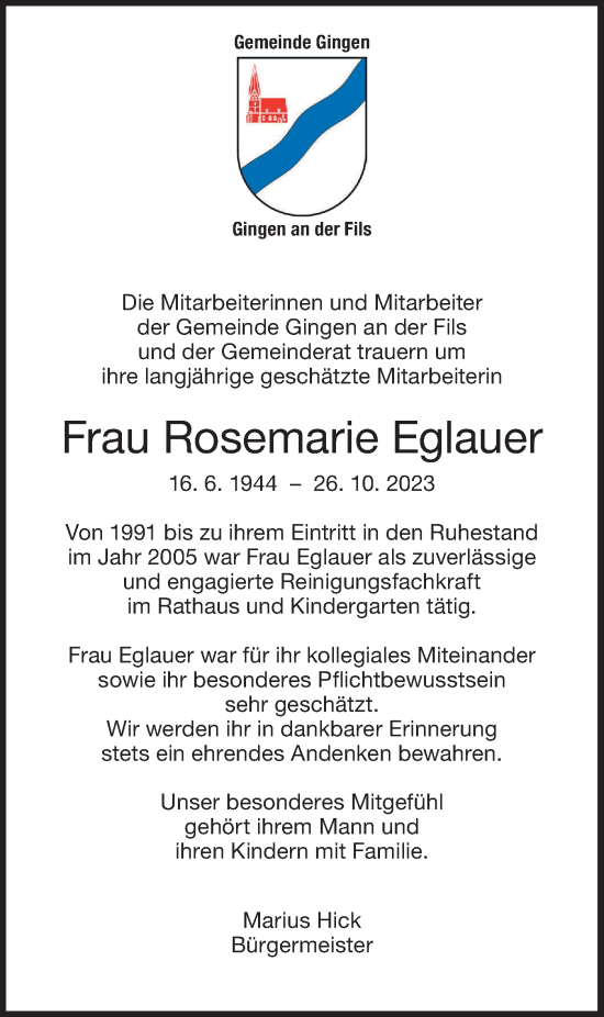 Traueranzeige von Rosemarie Eglauer von Geislinger Zeitung