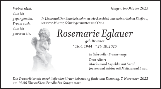 Traueranzeige von Rosemarie Eglauer von Geislinger Zeitung