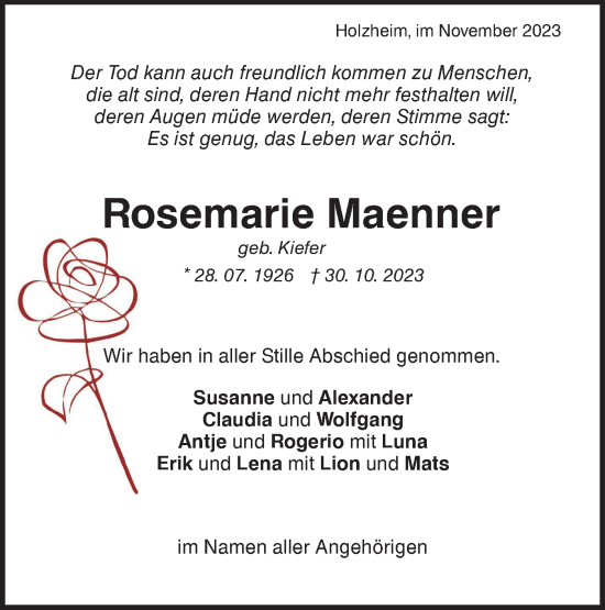 Traueranzeige von Rosemarie Maenner von NWZ Neue Württembergische Zeitung