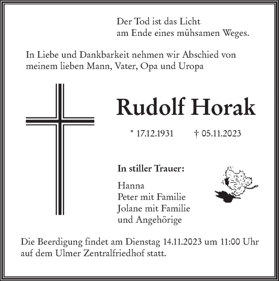 Traueranzeige von Rudolf Horak von SÜDWEST PRESSE Ausgabe Ulm/Neu-Ulm