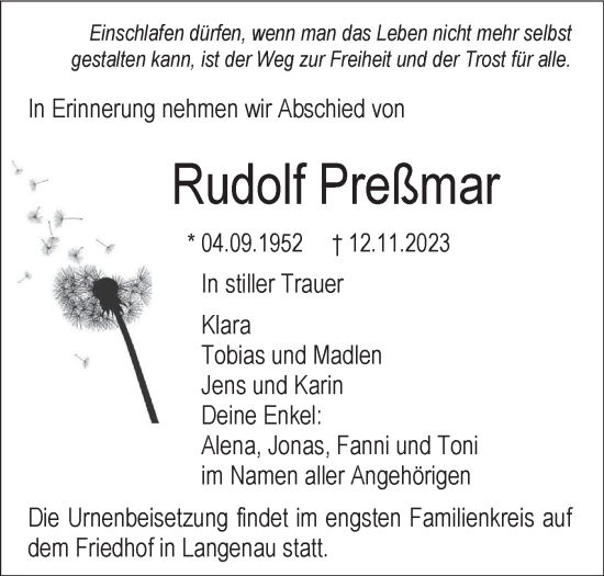 Traueranzeige von Rudolf Preßmar von SÜDWEST PRESSE Ausgabe Ulm/Neu-Ulm