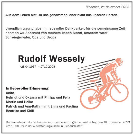 Traueranzeige von Rudolf Wessely von SÜDWEST PRESSE/SÜDWEST PRESSE