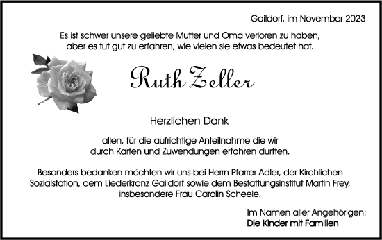 Traueranzeige von Ruth Zeller von Rundschau Gaildorf