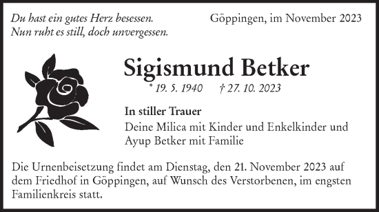 Traueranzeige von Sigismund Betker von NWZ Neue Württembergische Zeitung/Geislinger Zeitung