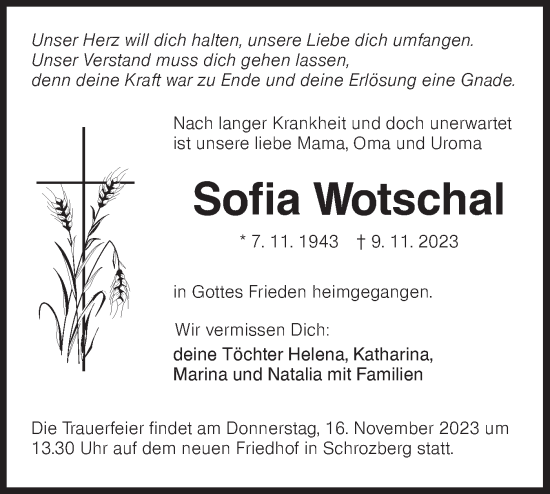 Traueranzeige von Sofia Wotschal von Hohenloher Tagblatt