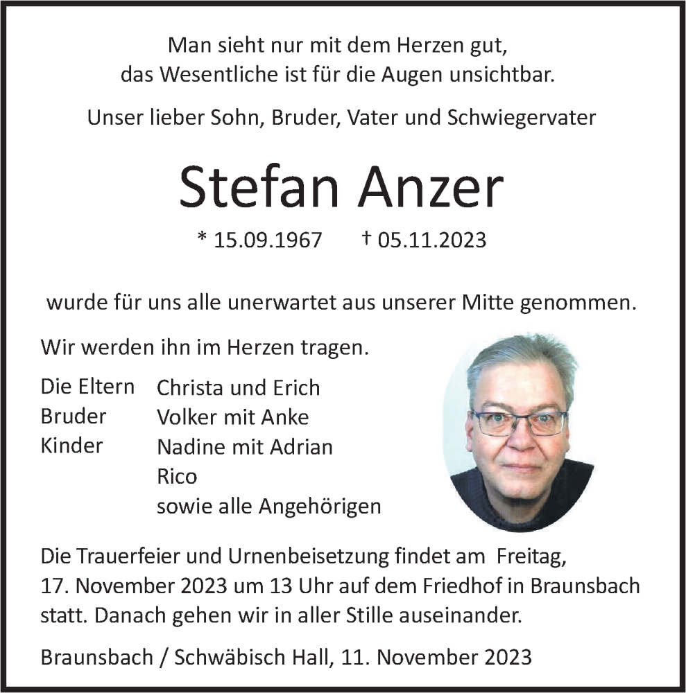  Traueranzeige für Stefan Anzer vom 11.11.2023 aus Haller Tagblatt